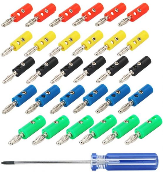 CESFONJER4mm Banana Plugs, Speaker Banana Connectors, for AV Receivers, Amplifiers, Surround Sound, Banana Wall Plates, Corrosion-Resistant (6 Red, 6 Green, 6 Blue, 6 Yellow,6 Black+Screwdriver)
