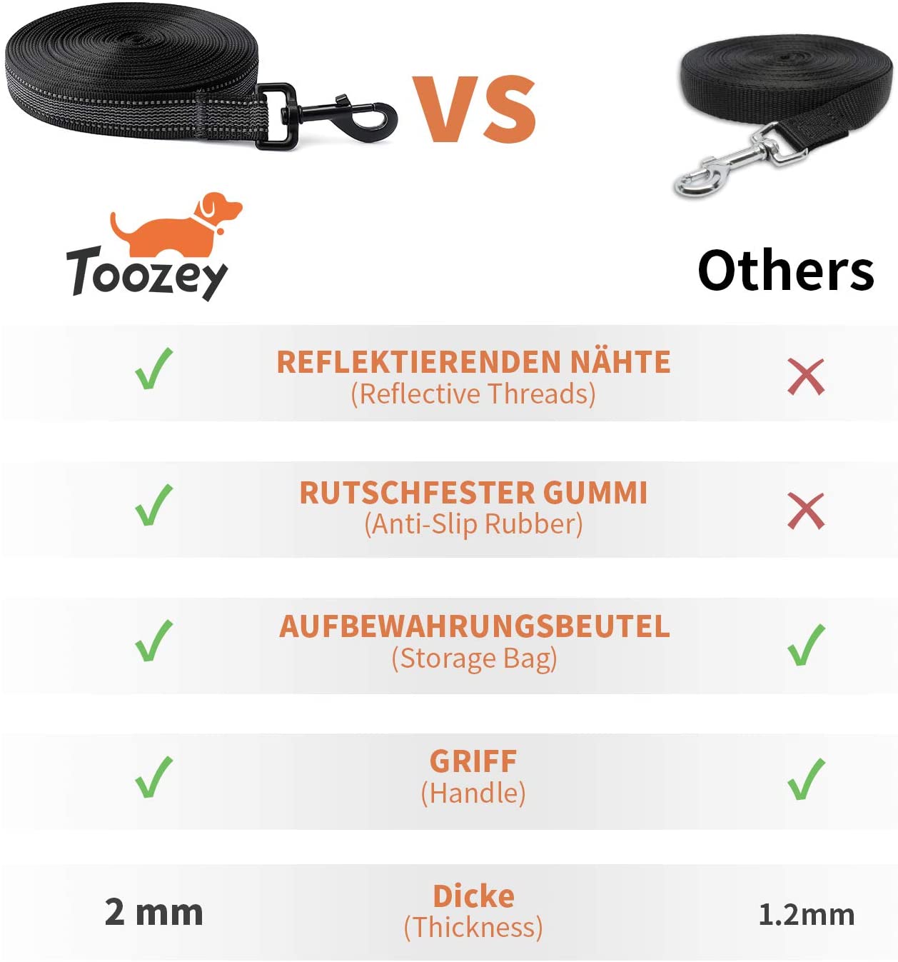 Toozey Dog Training Leads with Anti-Slip Rubbers and Reflective Stips - Image 2
