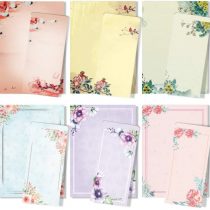 ANZON MORIES A4 Japanese Stationery Paper and Envelopes Set, 48 Letter Writing Paper with 24 Self-Sealing Envelopes, Printer Friendly, Color Both Sides, Ink Painting Classic Vintage Floral Design