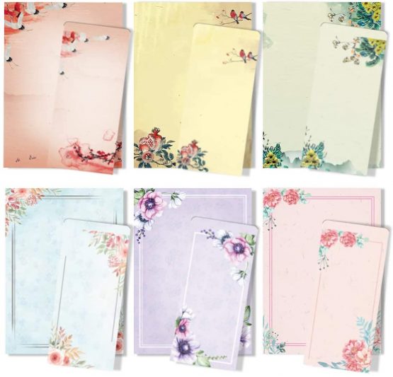 ANZON MORIES A4 Japanese Stationery Paper and Envelopes Set, 48 Letter Writing Paper with 24 Self-Sealing Envelopes, Printer Friendly, Color Both Sides, Ink Painting Classic Vintage Floral Design
