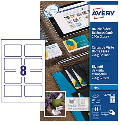 Avery C32028-25 Printable Double-Sided Glossy Business Cards, 8 Cards Per A4 Sheet, White
