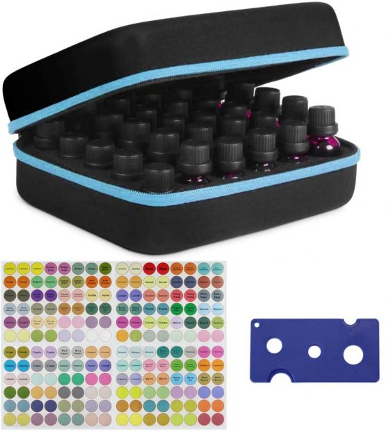 DECARETA 30 Bottles Essential Oils Handle Carrying Case,Waterproof Rigid Shell Essential Oil Storage Box with Label Stickers and Bottle Opener,Perfect for Essential Oil 5ml 10 ml (Blackand Blue)