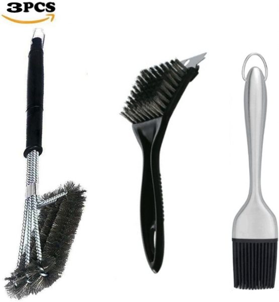 COSORO Set of 3 BBQ Grill Brushs (with 1 Best 3 in 1 Heavy Duty Barbeque Stainless Steel Woven Wire 360°Cleanning BBQ Grill Brush+1 Grill Brush + 1 Removable Stainless Steel Silicone Brush)