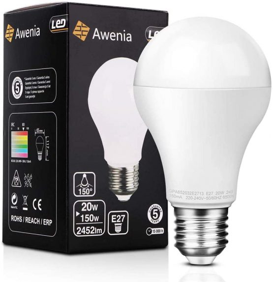 Awenia LED Light Bulb E27 Cool White A65 Edison Screw,20W 2452 lumens 6500K=150W Incandescent Bulb Golf Ball, Single