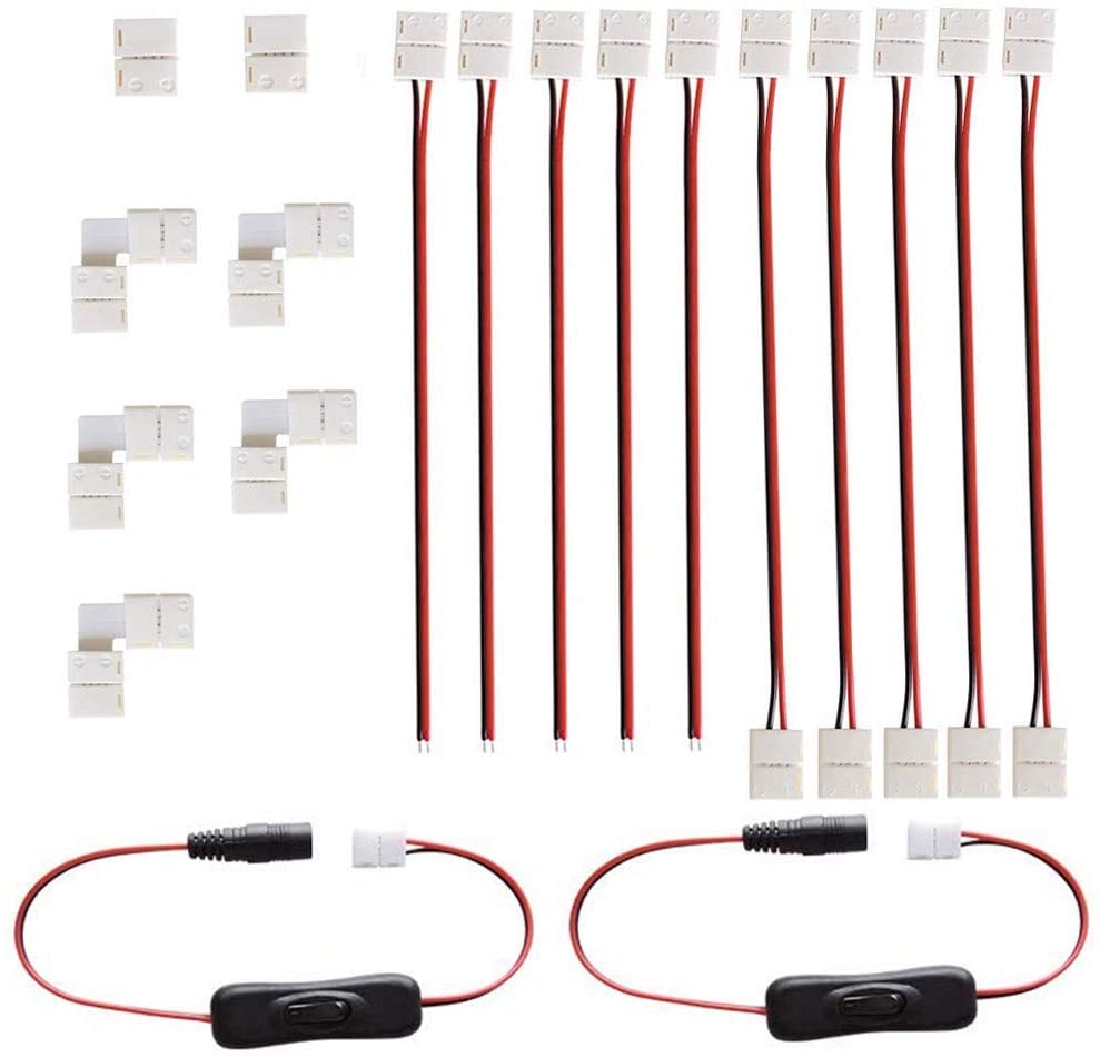 RUNCCI-YUN 3528 2835 8mm 2 Pin LED Strip Light Connector Kit, 5 Jumper, 5 Pigtail, 5 L Shape Corner, 2 DC On/Off Switch