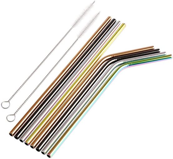 H&S 8 Metal Straws Reusable Coloured Stainless Steel Drinking Straws 2 Cleaning Brush Cleaner for Smoothie Hot Drinks with Bag Rainbow - Image 2
