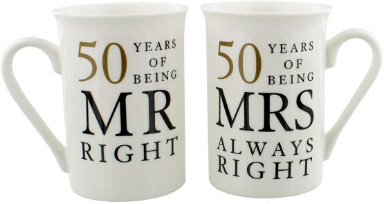50th Anniversary Gift Set of 2 China Mugs 'Mr Right & Mrs Always Right'
