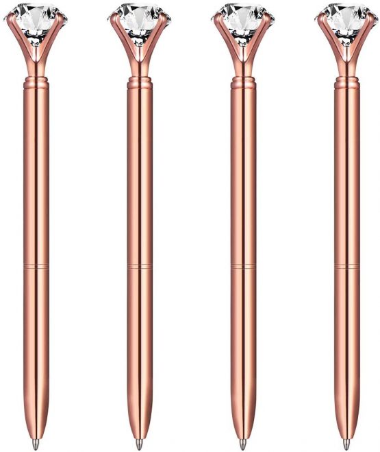 NUOLUX 4Pcs Rose Gold Pen with Big Diamond Crystal Metal Ballpoint Pen for School Office Supplies Gifts