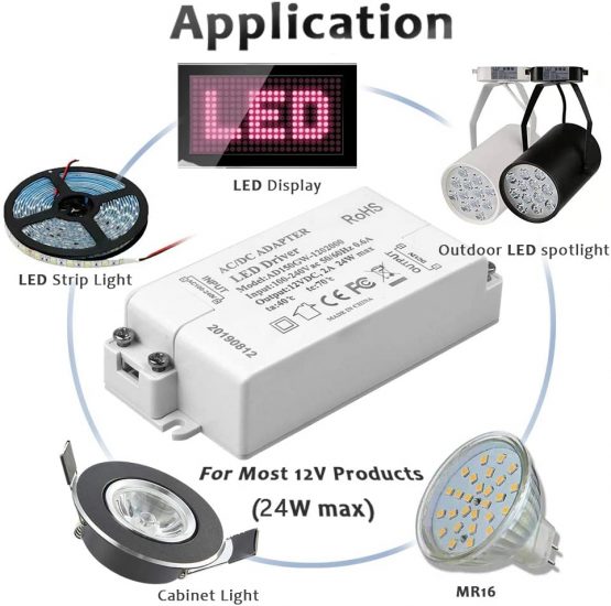 ADOGO® LED Transformer LED Power Supply- 24W, 12V DC, 2A - Constant Voltage for LED Strip Lights and G4, MR11, MR16 LED Light Bulbs - Image 2