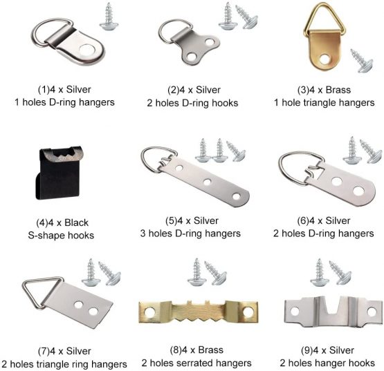FEPITO 96 Pcs Photo Frame Hanging Hooks Kit, 9 Models Picture Hanger Hooks with Screws for Office Family Photo Picture Painting Hanging Assorted Types - Image 3