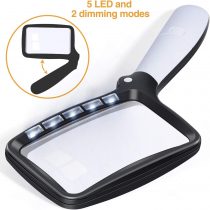 Kaome Rectangular Magnifying Glass with Light Magnifier Large Foldable Handheld 5 LED, 2 Dimming Modes, 2X Magnifying Reading for Seniors Low Vision Books Pages Magazines Newspapers Maps Jewelry
