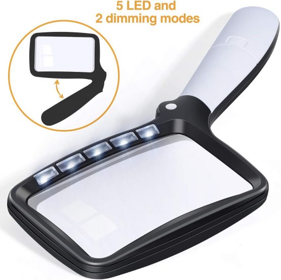 Kaome Rectangular Magnifying Glass with Light Magnifier Large Foldable Handheld 5 LED, 2 Dimming Modes, 2X Magnifying Reading for Seniors Low Vision Books Pages Magazines Newspapers Maps Jewelry