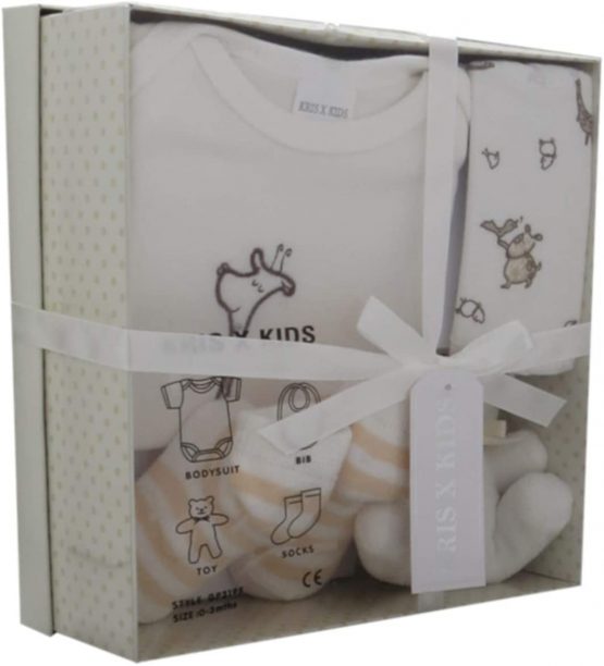 Baby Gift Set with Bodysuit, Bib, Toy, Socks in a Gift Box - Size 0-3 Months. Cream Giraffe