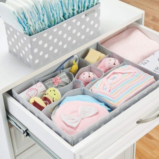mDesign Soft Fabric Dresser Drawer and Closet Storage Organizer Set for Child/Baby Room or Nursery – 8 Organizing Bins - Polka Dot Pattern, Set of 8, Light Gray with White Dots - Image 3