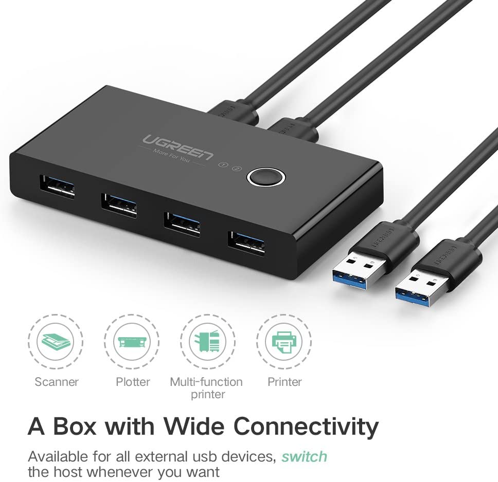 UGREEN USB 3.0 Switch 4 Port USB Switch Selector 5Gbps High-Speed Peripheral Sharing Switcher for 2 Computer Share Mouse Keyboard Compatible with Laptop Scanner Printer 2 Pack 4.92ft Cable - Image 4