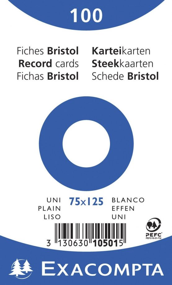 Exacompta Bristol Plain Record Cards, 75x125 mm - White, Pack of 100