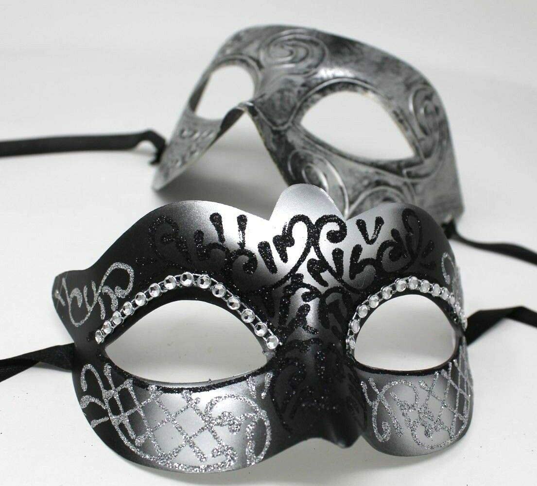 HIS N HERS PAIR OF CO-ORDINATED SILVER & BLACK COUPLES VENETIAN MASQUERADE CARNIVAL PARTY BALL EYE MASKS, Silver Black, 8cm deep - Image 2