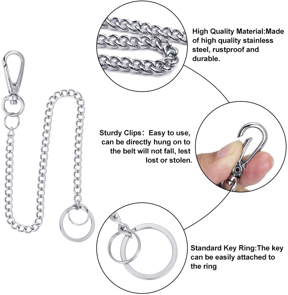 PERFETSELL 2 Pcs Keychain Stainless Steel Pocket Chain Long Chain Keyring Wallet Chains with Lobster Clasps and Extra 2 Rings for Keys/Wallet/Jeans Pants/Belt Loop(Silver) - Image 3