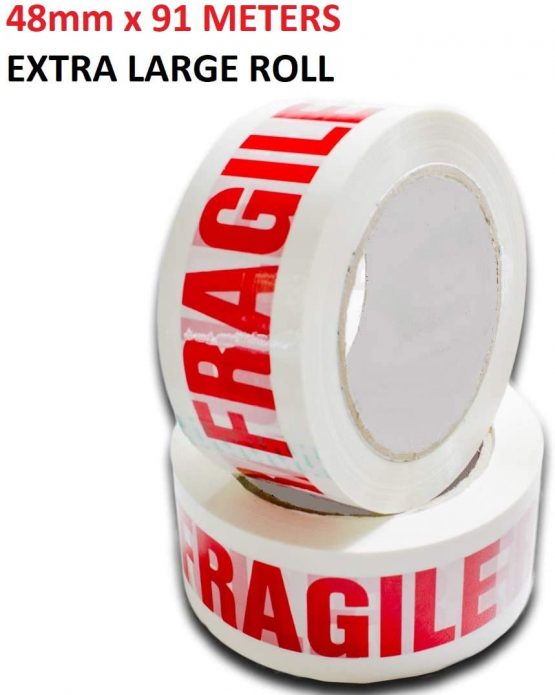 Sabco - 1 ROLL of Fragile Packaging Tape 48mm x 91 Meters for Parcels and Boxes. Heavy Duty Fragile Packing Tape Provides a Strong, Secure and Sticky Seal for Your Boxes Extra Large Roll