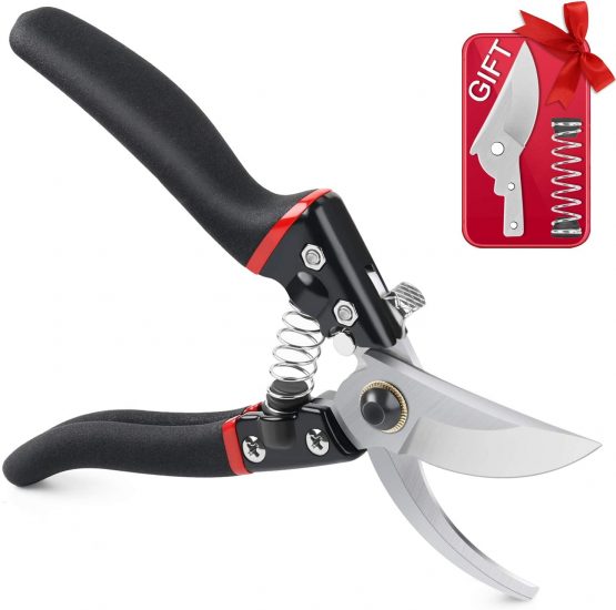 LeaderPro Pruning Shears and Secateurs, Aluminium Garden Hand Bypass Pruners, Sharp Pruning Scissors/Gardening Tool, with Spare Spring and Blade, Ergonomic Comfort, Security Upgrade, Black