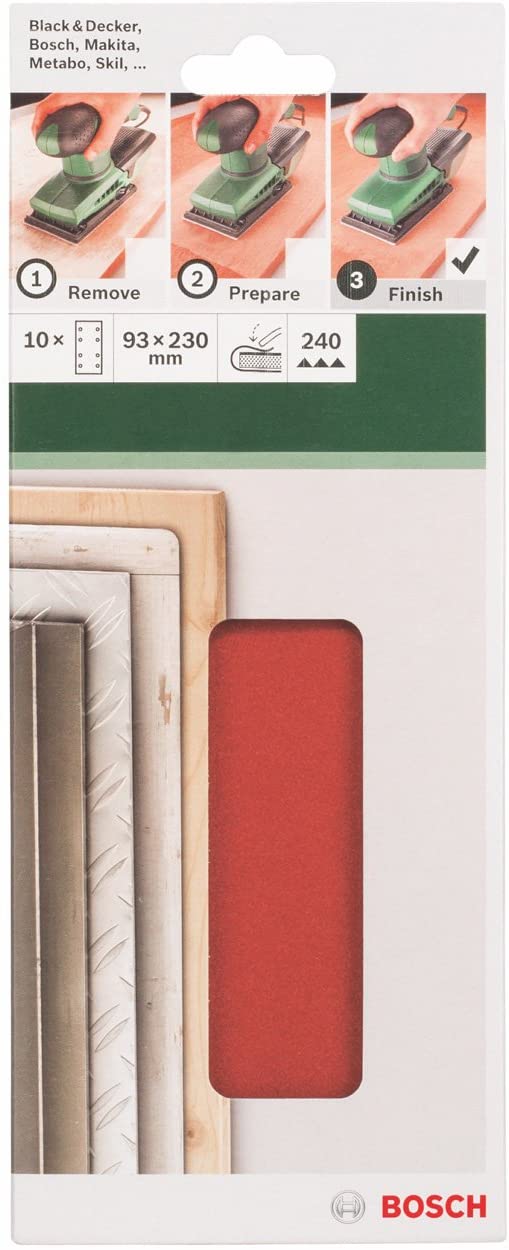 Bosch 2609256A99 Sanding Sheets Pack of 10 for Orbital Sanders 93 x 230 cm Number of Holes 8 Grit 240, Rot, 93 x 230 mm - Image 2