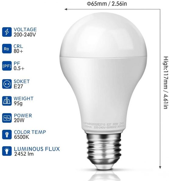 Awenia LED Light Bulb E27 Cool White A65 Edison Screw,20W 2452 lumens 6500K=150W Incandescent Bulb Golf Ball, Single - Image 2