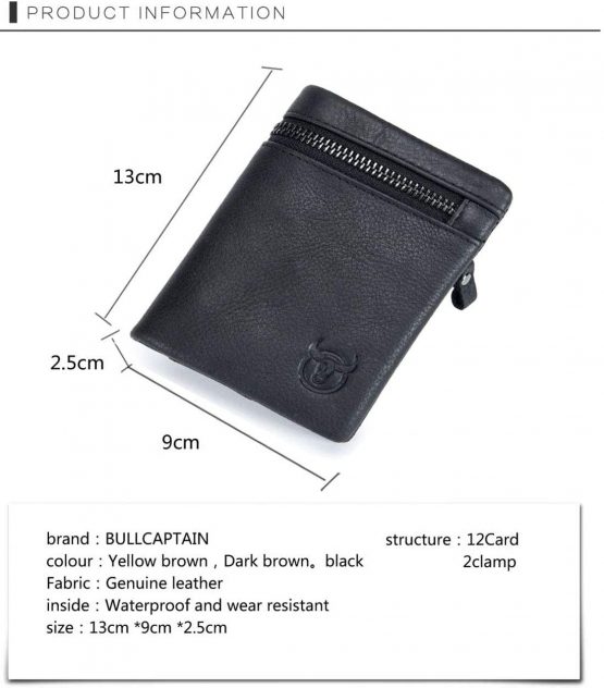Genuine Leather Men Wallet, RFID Blocking Antimagnetic Credit Card Holder, Zipper Coin Purse Black - Image 2