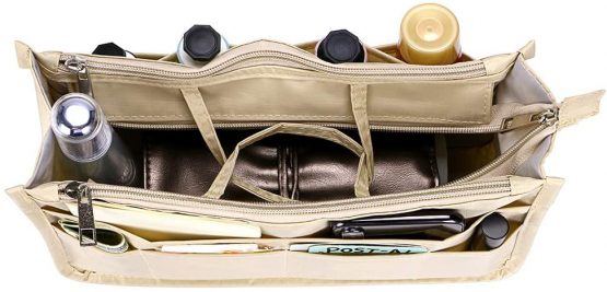IGNPION Printed Insert Handbag Purse Organiser 13 Pockets Expandable Liner Bag Pouch Zipper Closure Tote Organiser Diaper Bag Insert with Handle (Beige） - Image 3