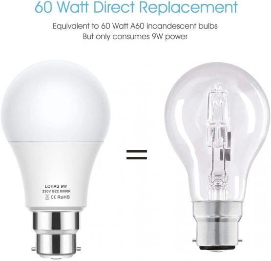 B22 LED Bulb Bayonet, 9W LED LOHAS Bayonet Light Bulb, 820LM, 60W Equivalent, Daylight White 6000K, Non Dimmable, Pack of 6 - Image 2