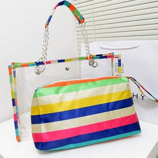 LA HAUTE Women Girls Summer Transparent Jelly Beach Tote Bags Vintage Print PVC Waterproof Swimming Shoulder Bags with Cosmetics Bags - Image 2