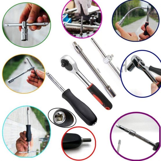 46 Piece 1/4” Socket Wrench Set Metric Tool Kit with Wrench Handle, Extension Bars, Flexible Extension Rods,Bits, Quick Release Reversible Ratchet, Drive Spanner Socket Set for Car Motorcycle Repair - Image 2