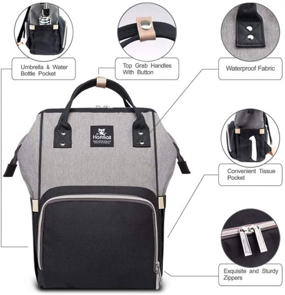 Hafmall Changing Bag Backpack Waterproof Travel Baby Bag, Stylish Large Capacity Nappy Backpack with Changing Mat and Stroller Straps (Black+Gray) - Image 4