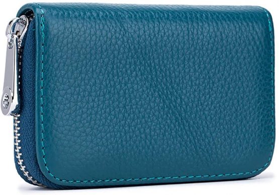 Meowoo Credit Card Holder RFID Blocking Genuine Leather Mini Credit Card Wallet Purse with Zipper for Women Men (Blue)