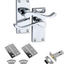 Designer Levers Victorian Scroll Polished Chrome Door Handle Pair with 64mm Tubular Latch & 2x 75mm Hinges - Interior Door Pack Set