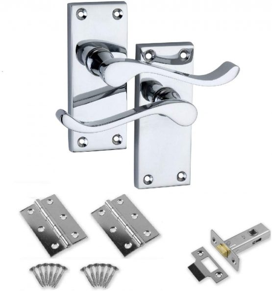 Designer Levers Victorian Scroll Polished Chrome Door Handle Pair with 64mm Tubular Latch & 2x 75mm Hinges - Interior Door Pack Set