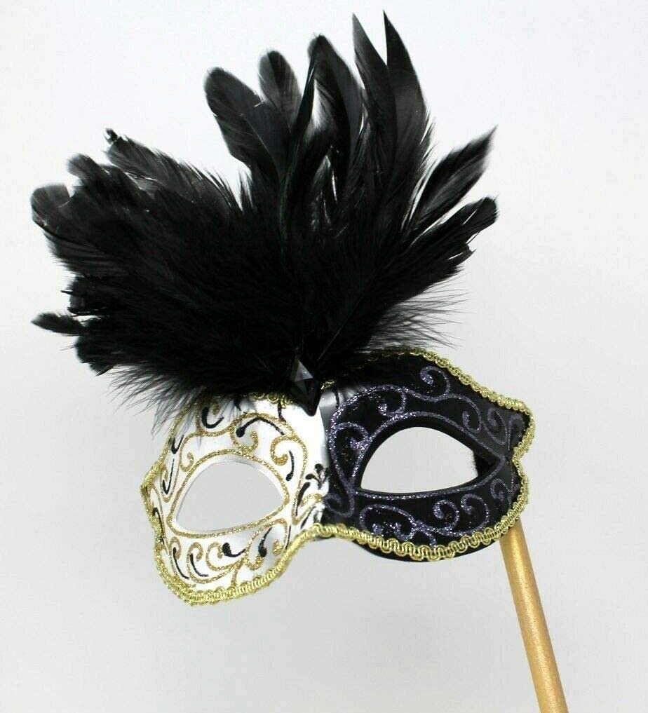 BLACK IVORY & GOLD VENETIAN MASQUERADE PARTY EYE MASK WITH LONG FEATHERS ON A STICK, 7cm Deep Exc Feathers - Image 3
