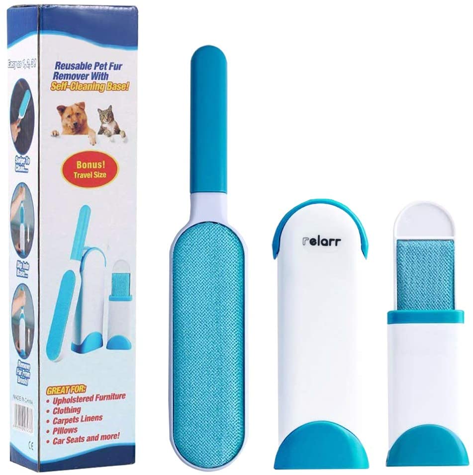 Pet Hair Remover Brush,Tur Remover for Pet Hair and Clothes Double-Sided with Self-Cleaning Base and Travel Size Brush (Blue