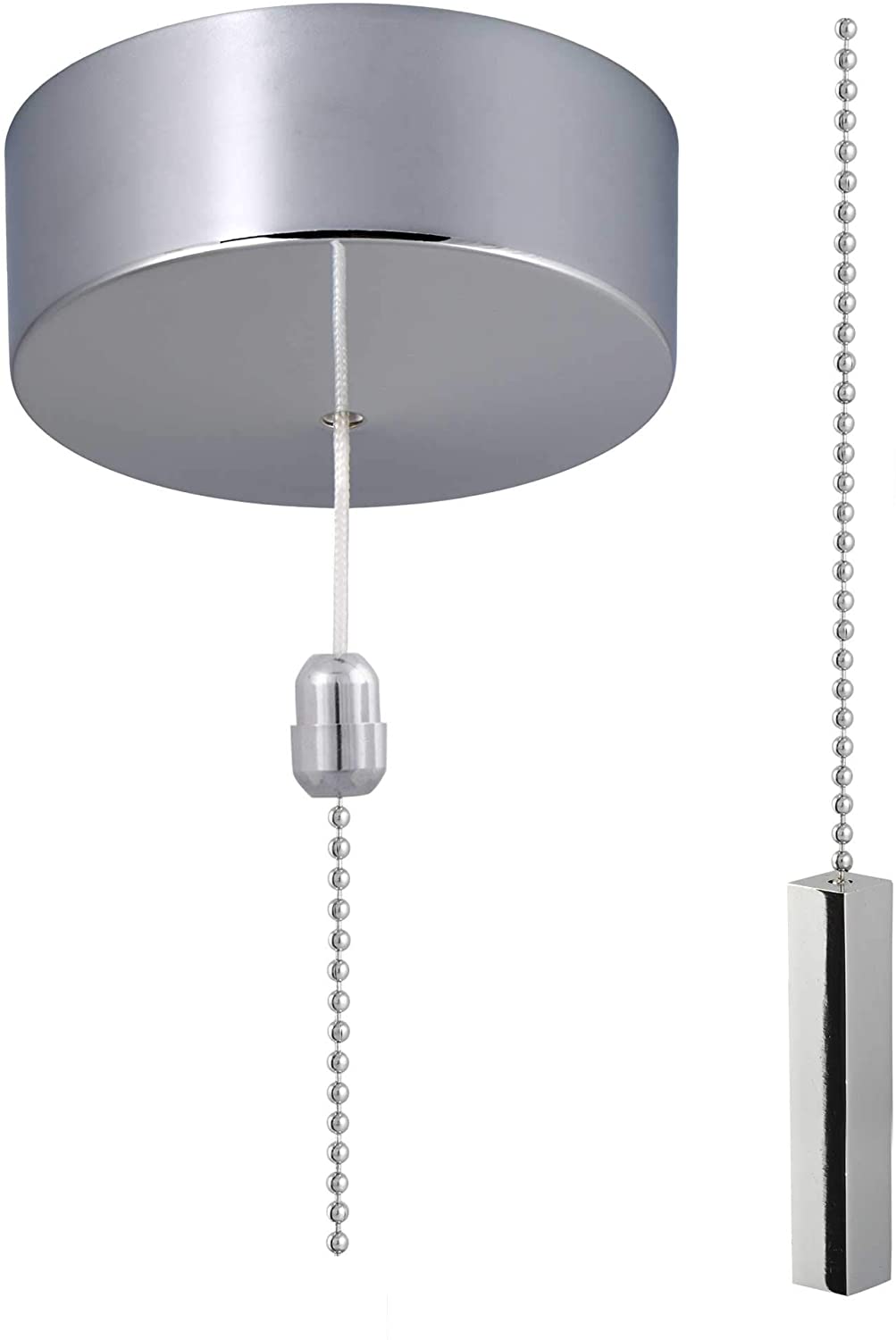 ElekTek UK Safety Approved Chrome Bathroom Light Pull Switch Kit, Chrome Square Bar Fob Handle & Extension Chain