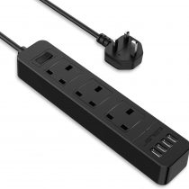 JSVER Extension Lead with 4 USB Ports Desktop Power Strip Smart Charging Station 3 Outlets Surge Protection for Home Travel, Black