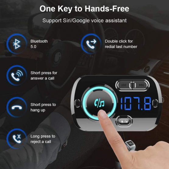 SONRU Newest FM Transmitter Bluetooth 5.0, Bluetooth Car Radio Transmitter Handsfree Car Kit QC3.0 USB Car Charger, Support TF Card AUX Input, Crystal Sound, Color Light, 1.1M Cable, 2 Install Ways - Image 2