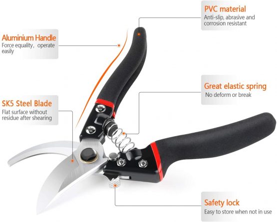LeaderPro Pruning Shears and Secateurs, Aluminium Garden Hand Bypass Pruners, Sharp Pruning Scissors/Gardening Tool, with Spare Spring and Blade, Ergonomic Comfort, Security Upgrade, Black - Image 2