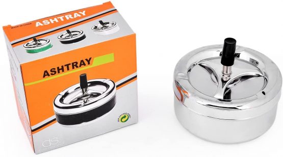 Round Push Down Ashtray with Spinning Tray Metal Cigarette Ash Tray Large 5.2 Inches Home Ashtray for Outside Patio - Silver - Image 4
