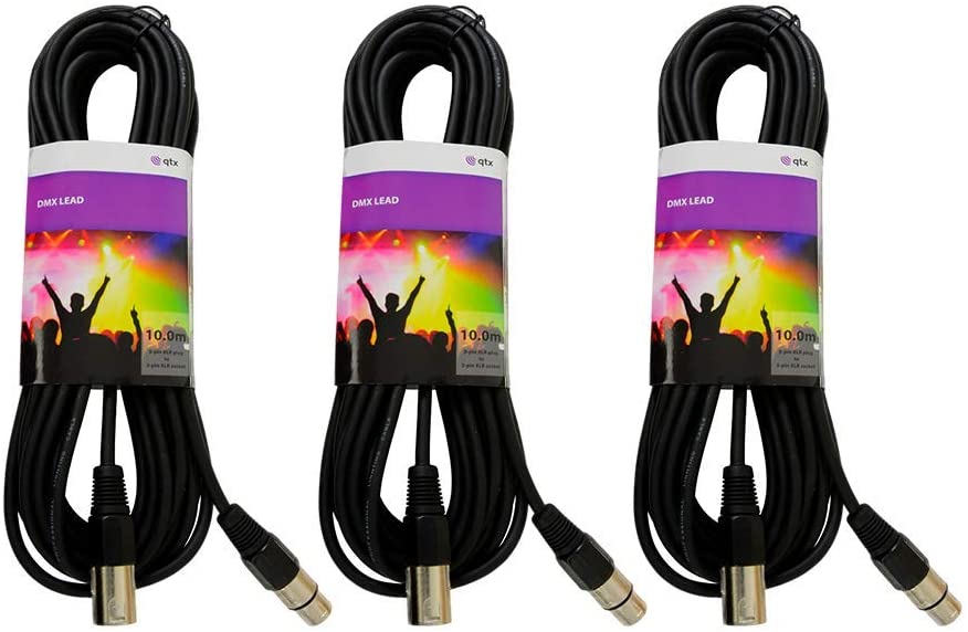 QTX - 3 x 10m DMX Cable for DJs Clubs, Lights, Black, 30 meters
