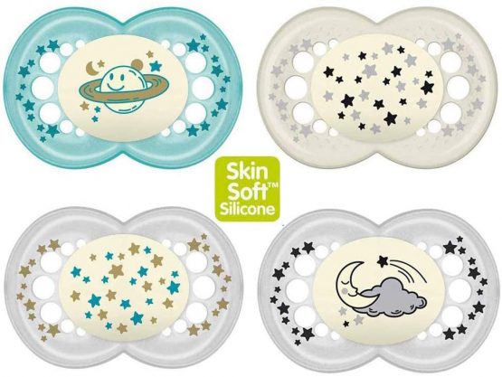 MAM Night Original SkinSoft Silicone Dummy 6-16 Set of 4 Includes 2 Sterilized Transport Boxes