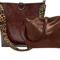 FiveloveTwo Women 2Pcs Leopard Print Shoulder Bag Set PU Leather Satchel Totes Handbag Purse