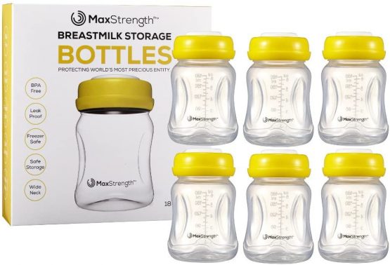 Breastmilk Bottles 6pc Set with Leak Proof Lids by Max Strength Pro, 6 180ml Reusable Wide Neck Bottles Best for Breast Milk Collection & Storage Solution, BPA Free, Freezer Safe & Dishwasher Safe