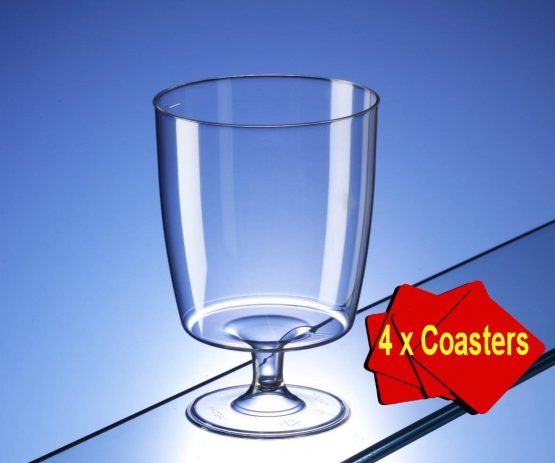 60 x One piece disposable plastic wine glasses (200ml). Ideal for picnics, camping and glamping, festivals, outdoor pool, bbq, garden and special occasions. Offer Pack of 60 glasses with 4 x AIOS drinks mats in box.