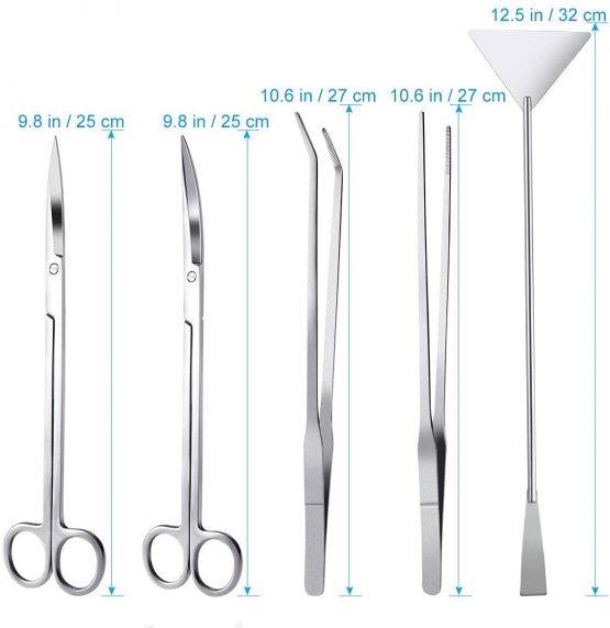 MINERLELE Stainless Steel Aquarium Tools Kit 5 in 1 Fish Tank Cleaner Aquascape Tools Aquatic Plant Aquascaping Tweezers Scissors Tongs Algae Scraper Set - Image 4