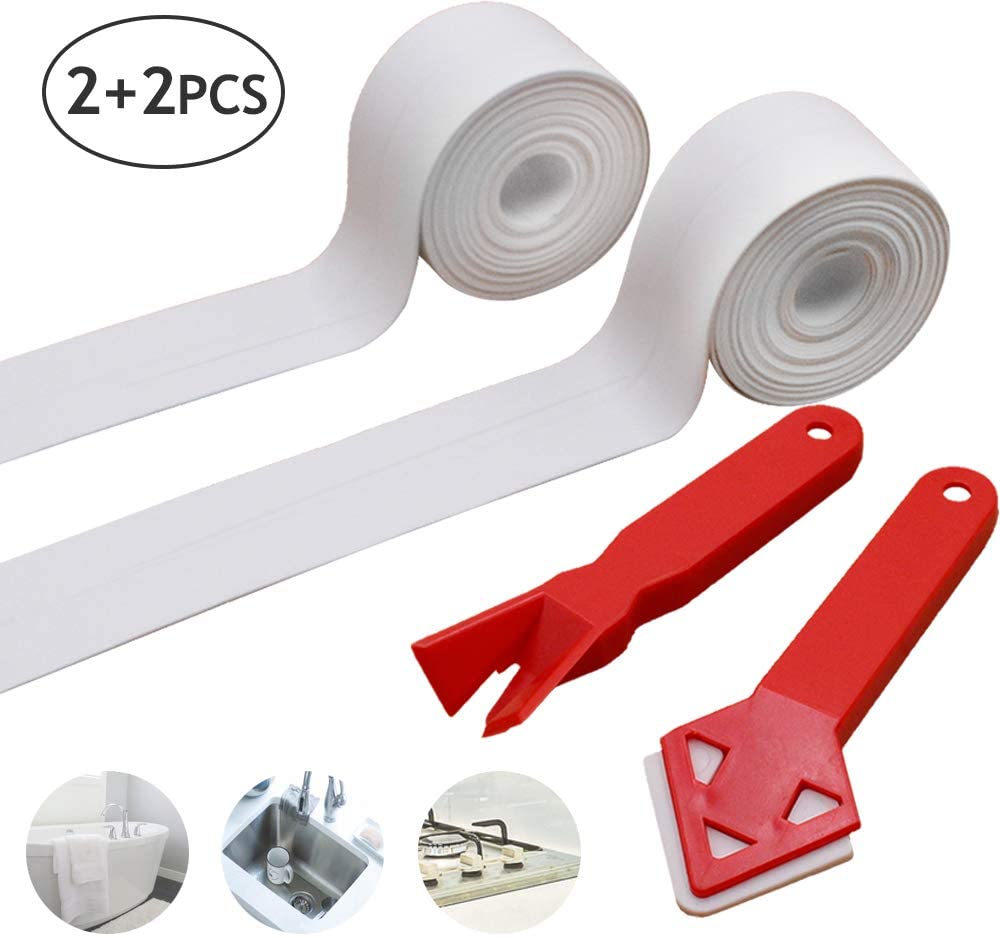 SnailGarden 2 Roll White Bathtub Sealing Strip & 2 Pcs Caulking Tool,Self Adhesive Caulk Strip,Waterproof Bathtub Seal Strip for Bathroom,Kitchen,Toilet,Wall Corner