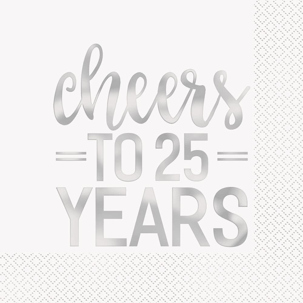 Metallic Silver Foil-Stamped 25th Anniversary Luncheon Napkins (16cm) Pack of 16 Elegant Napkins for Anniversary Celebration